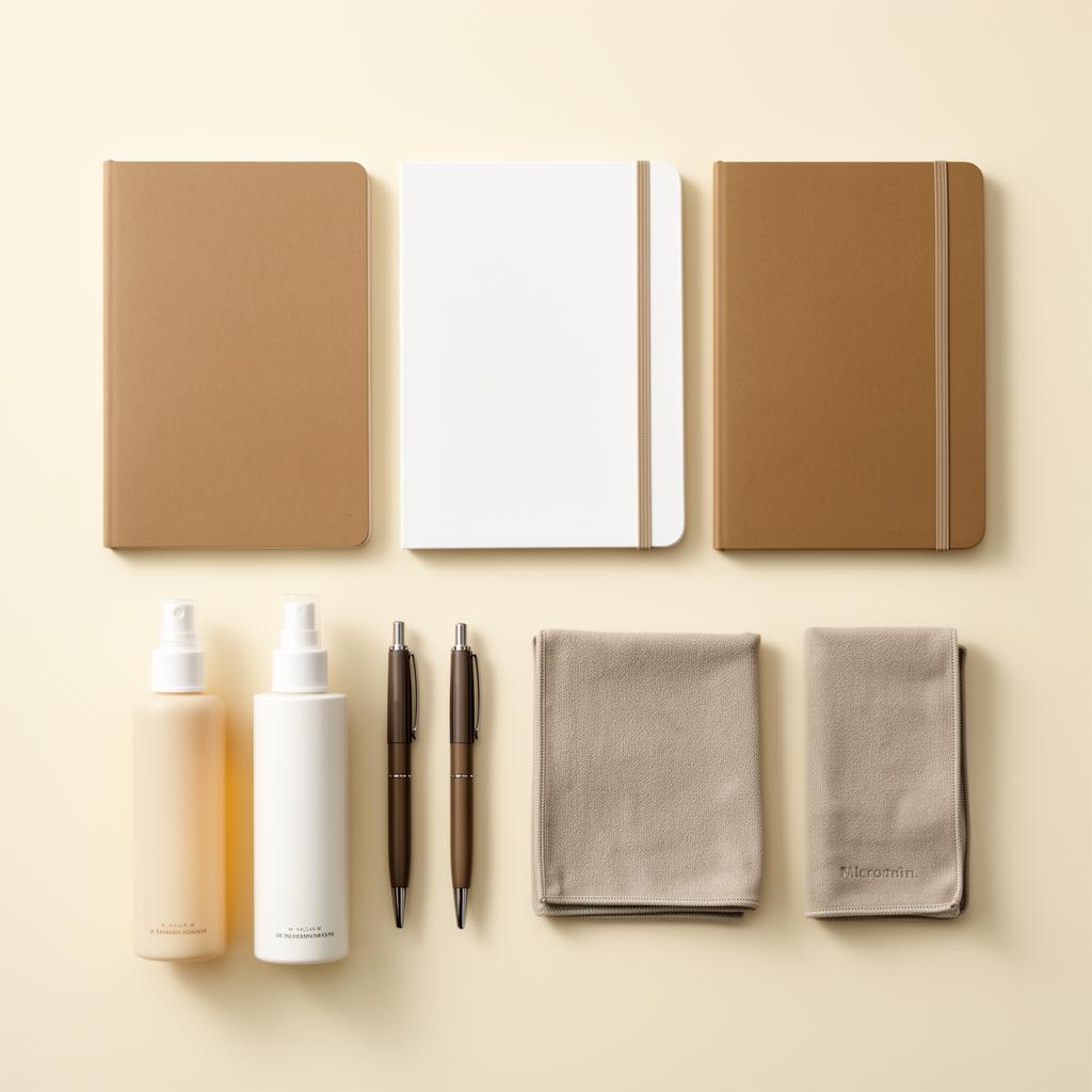 Curated office and cleaning supplies arranged on a clean surface